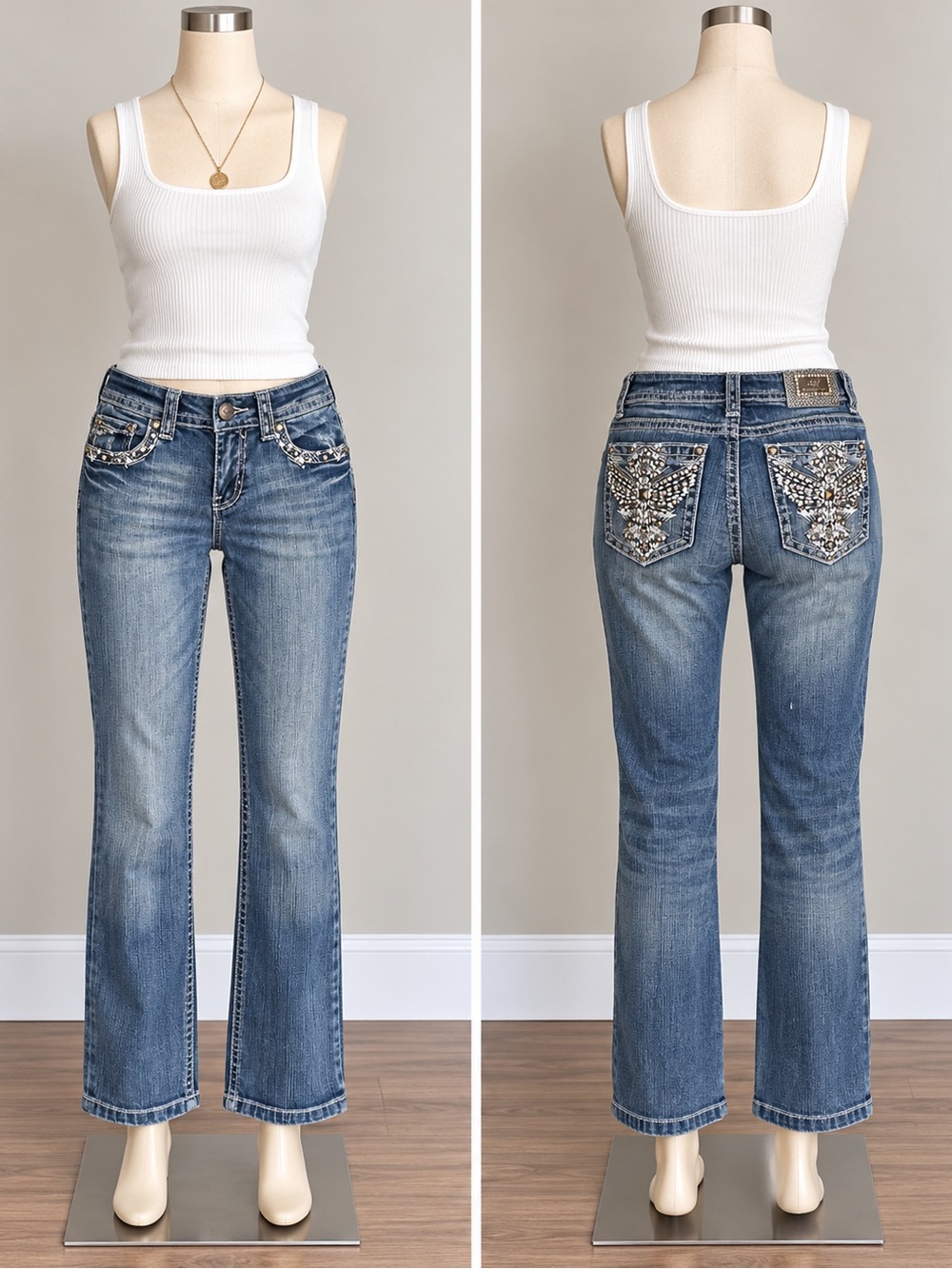 Embellished Pocket Mid-Rise Flare Jeans - Blue